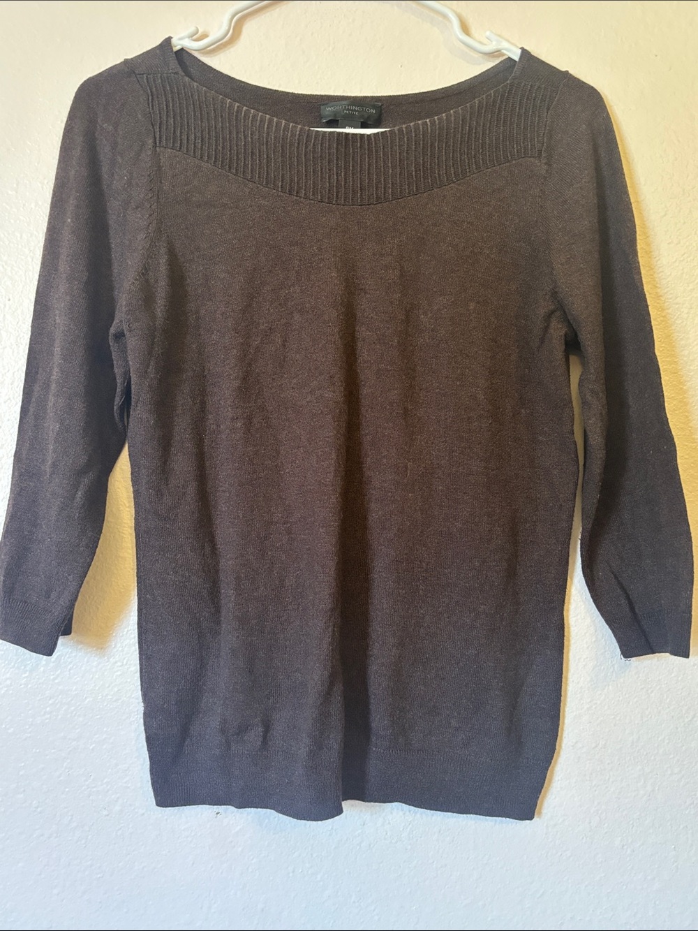 Woman’s Chocolate Brown Scoopneck Ribbed Yoke Sweater Top, 3/4 Sleeves, Size MP